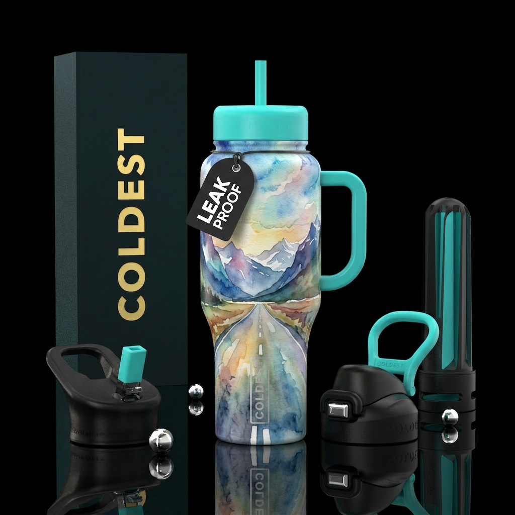 Empty road, mountains in the background, watercolo... water bottle design