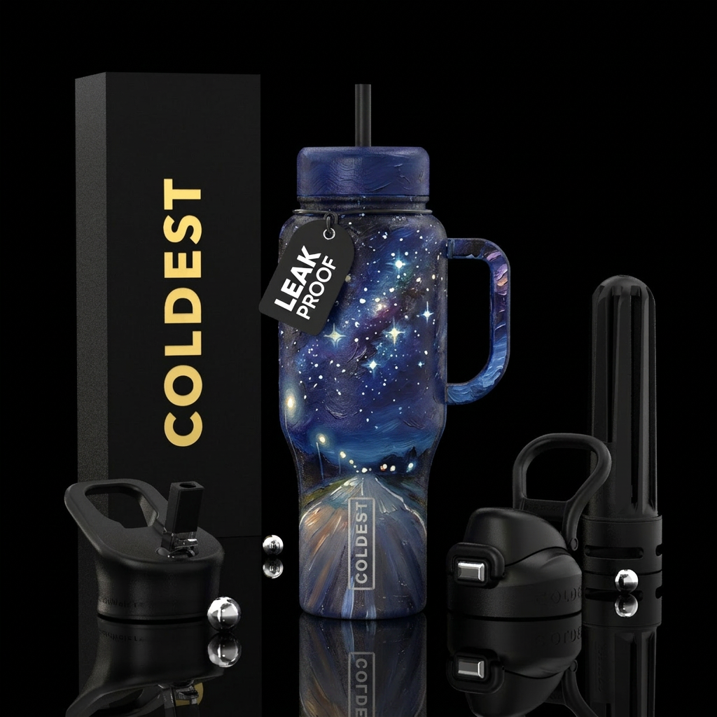 Night with stars, driving  on a empty road, glowie... water bottle design