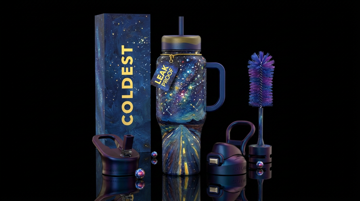 Night with stars, driving  on a empty road, glowie... water bottle design