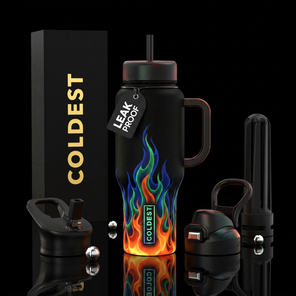 Black bottle with orange and red , green,  blue fl... water bottle design