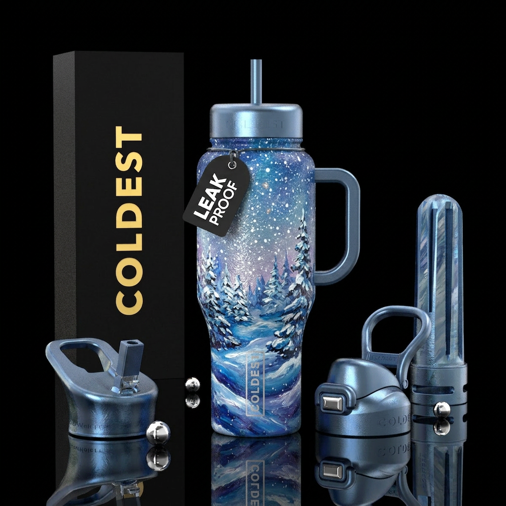 Snow falling from the sky,  winter wonderland,  be... water bottle design