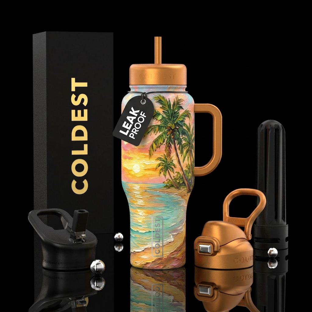beautiul, coconut,  palms,  beach,  sunset, golden... water bottle design