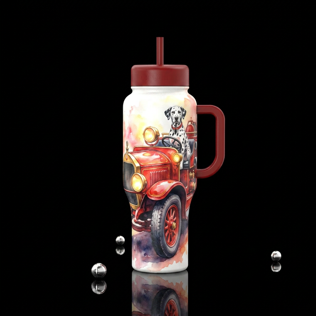 Antique fire truck with Dalmatian, beautiul, glowi... water bottle design