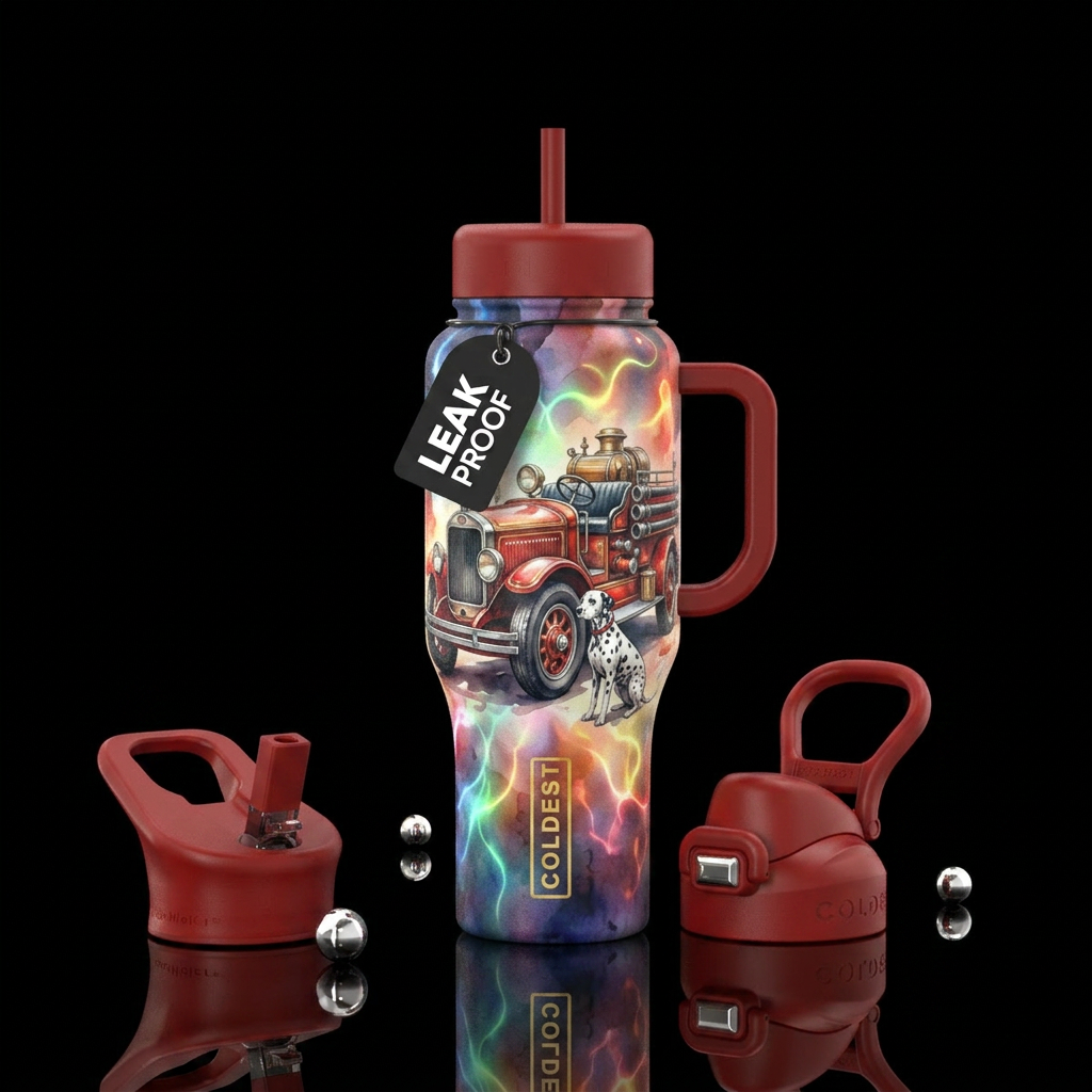 Antique fire truck with Dalmatian, beautiul, glowi... water bottle design
