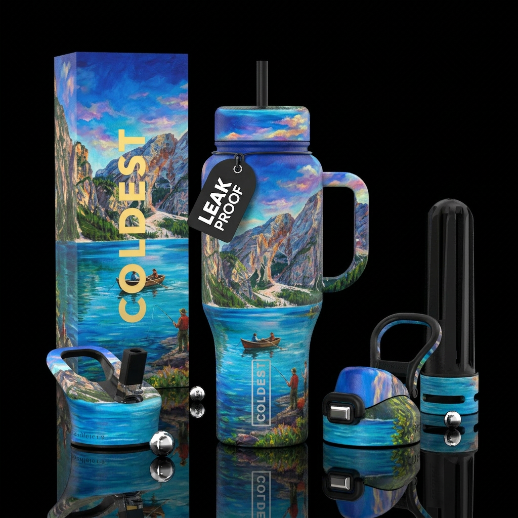 lake, boat, mountains, fishing,  summer, painting water bottle design