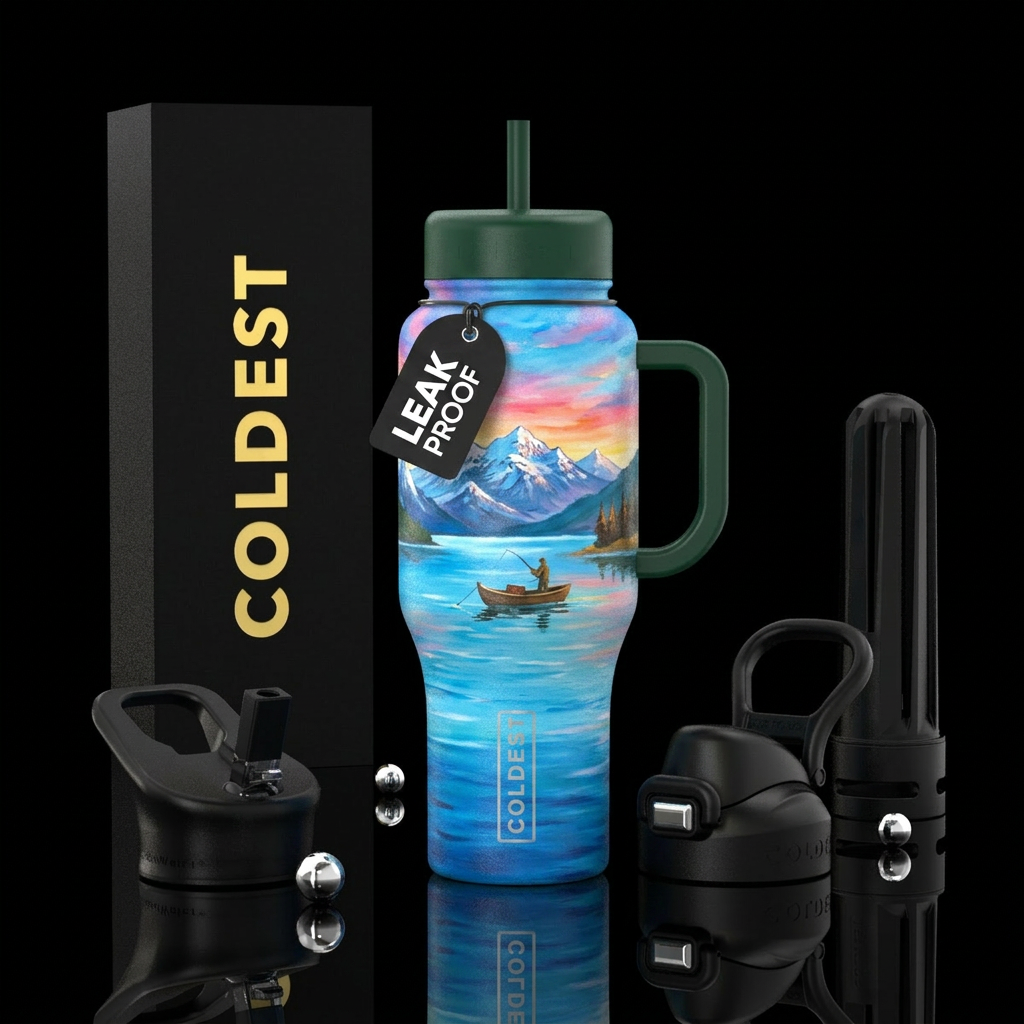 lake, boat, mountains, fishing,  summer, painting water bottle design