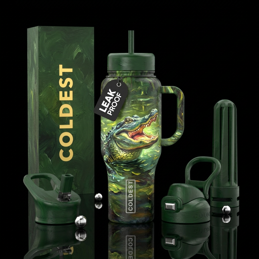Alligator with mouth open,  in the swamp water, gl... water bottle design