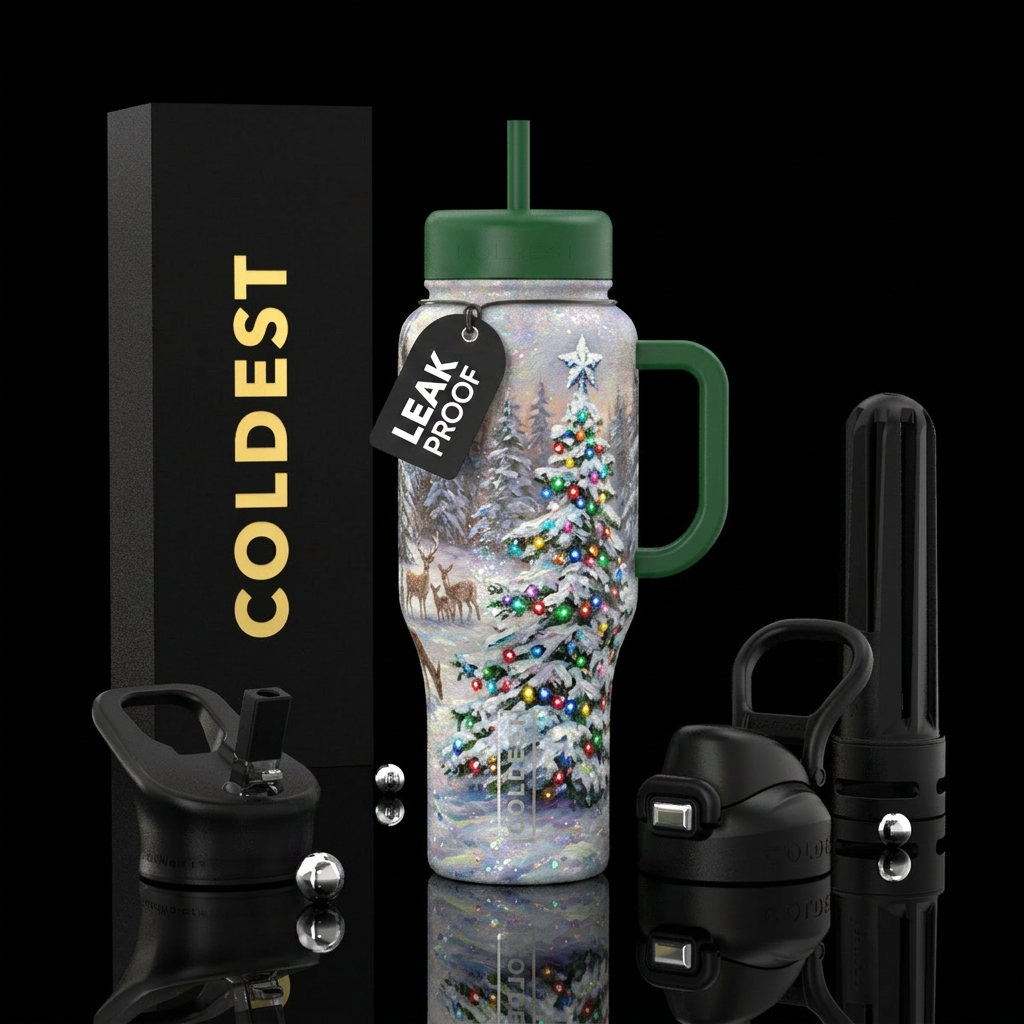 Christmas tree with lights, winter wonderland,  sn... water bottle design