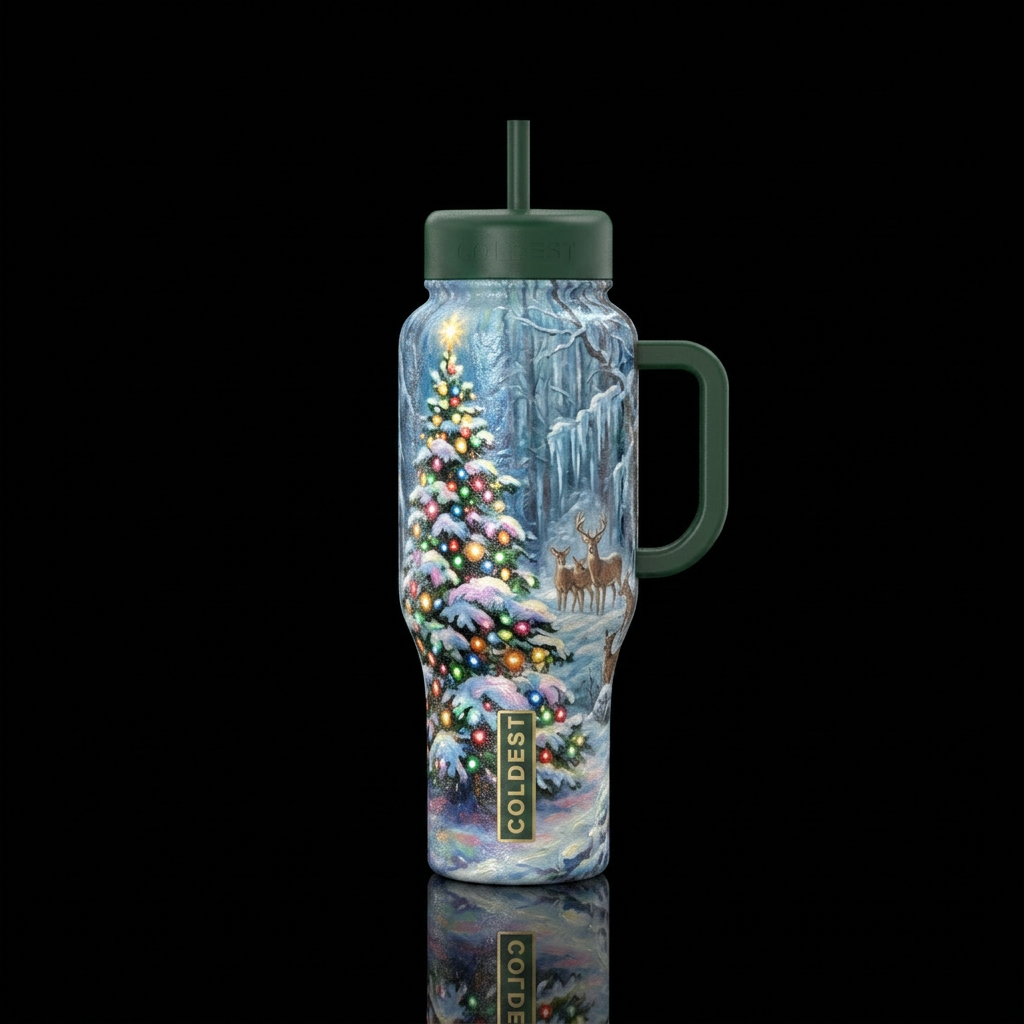 Christmas tree with lights, winter wonderland,  sn... water bottle design