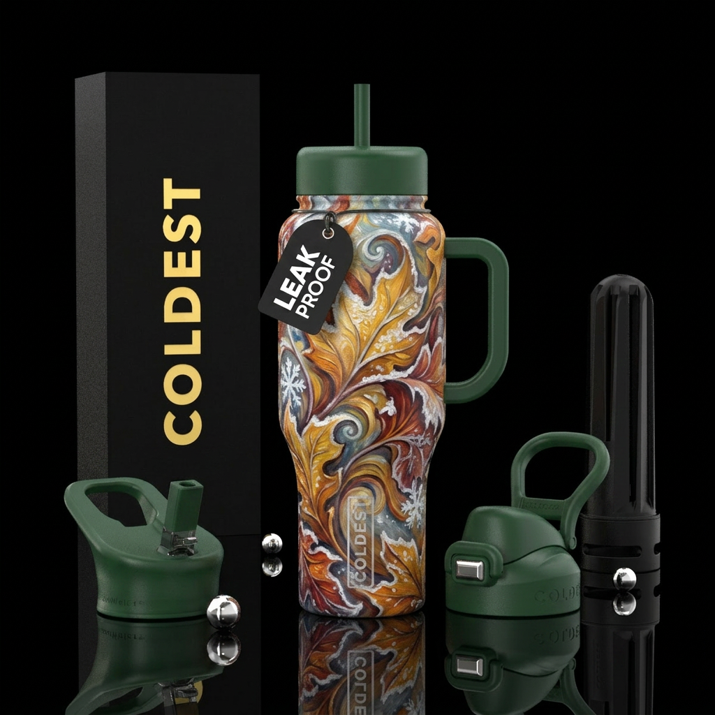 Fall leave mixed with snow, fantasy, beautiul, whi... water bottle design