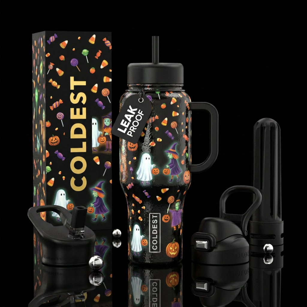 Halloween night,  candy, trick or treat,  glowie, ... water bottle design