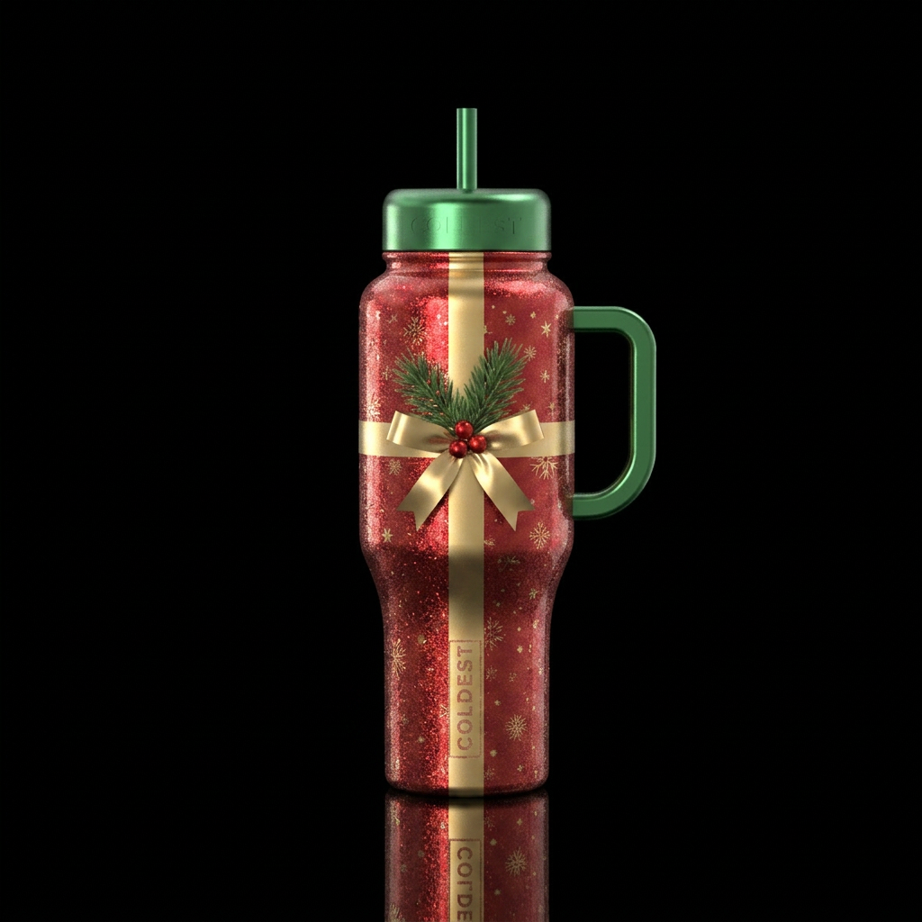 Bottle dressed up as a Christmas present, sparkly water bottle design
