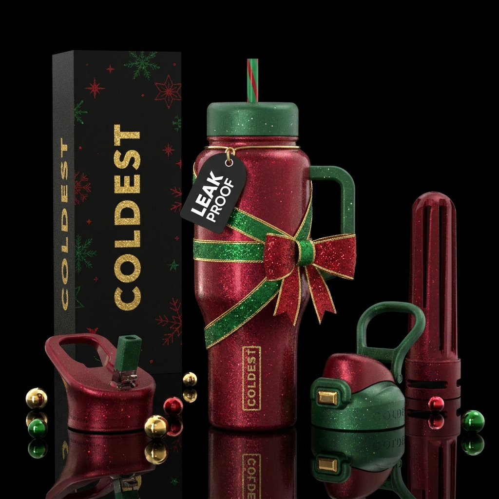 Bottle dressed up as a Christmas present, sparkly water bottle design