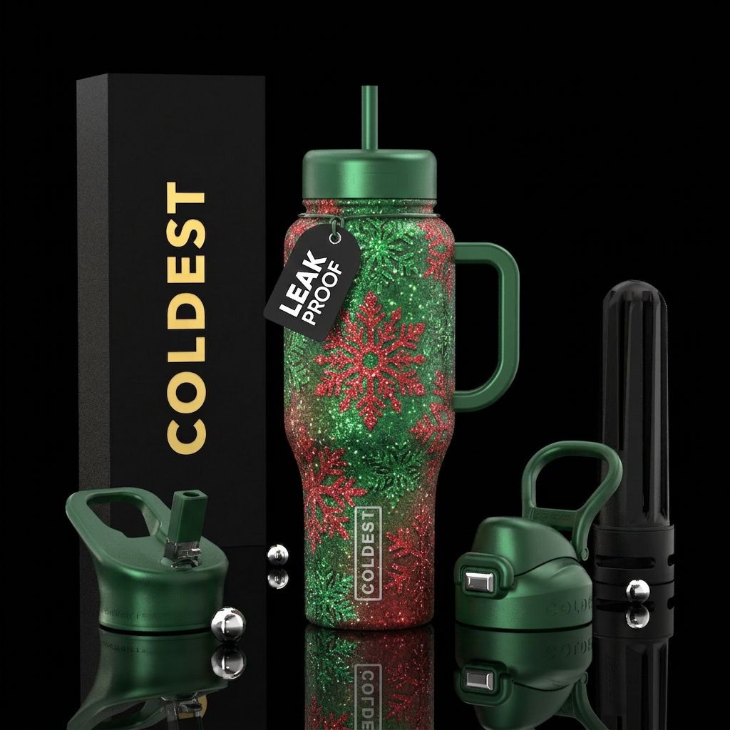 Snowflakes that are red and green, sparkly,beautiu... water bottle design