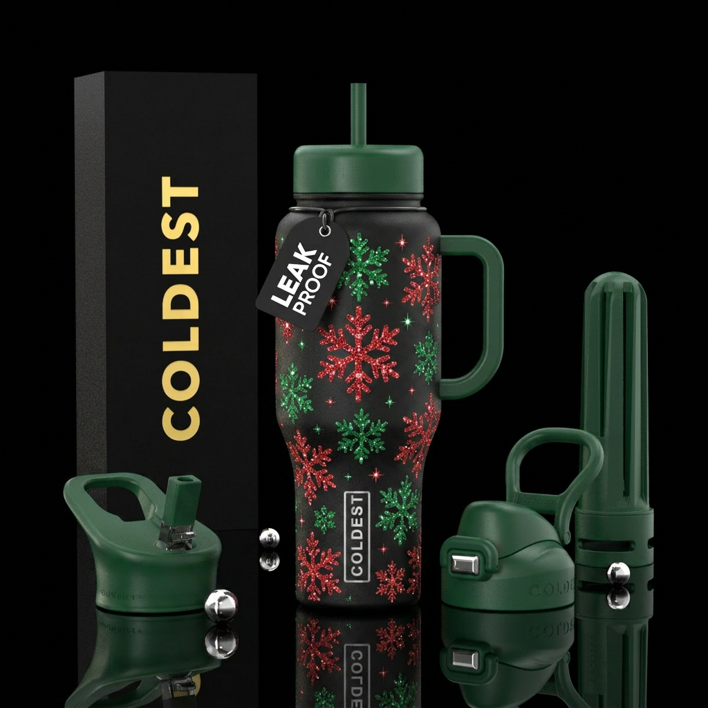 Snowflakes that are red and green, sparkly,beautiu... water bottle design
