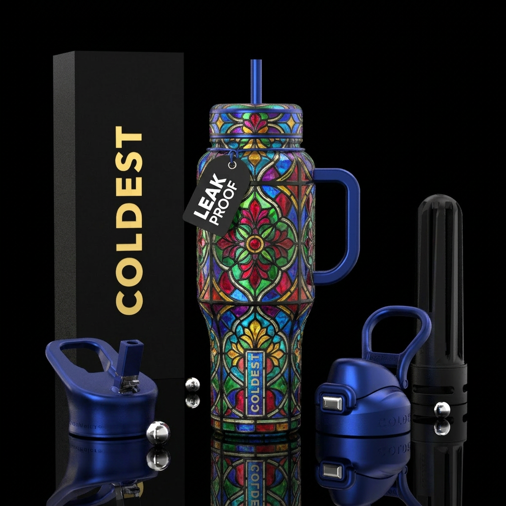 european,  stain glass,, beautiul water bottle design
