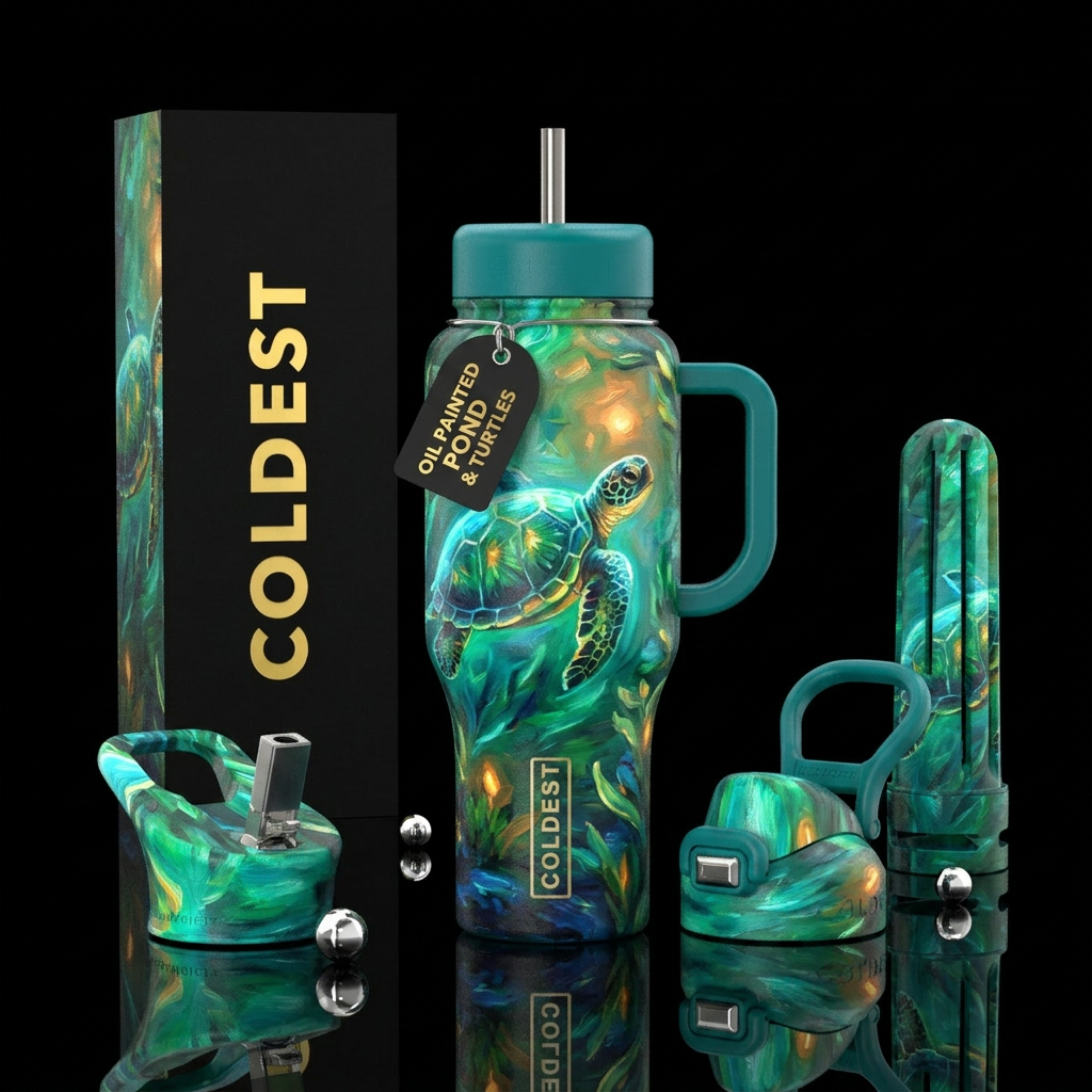 turtles, glowie, pond,, beautiul, oil painted water bottle design