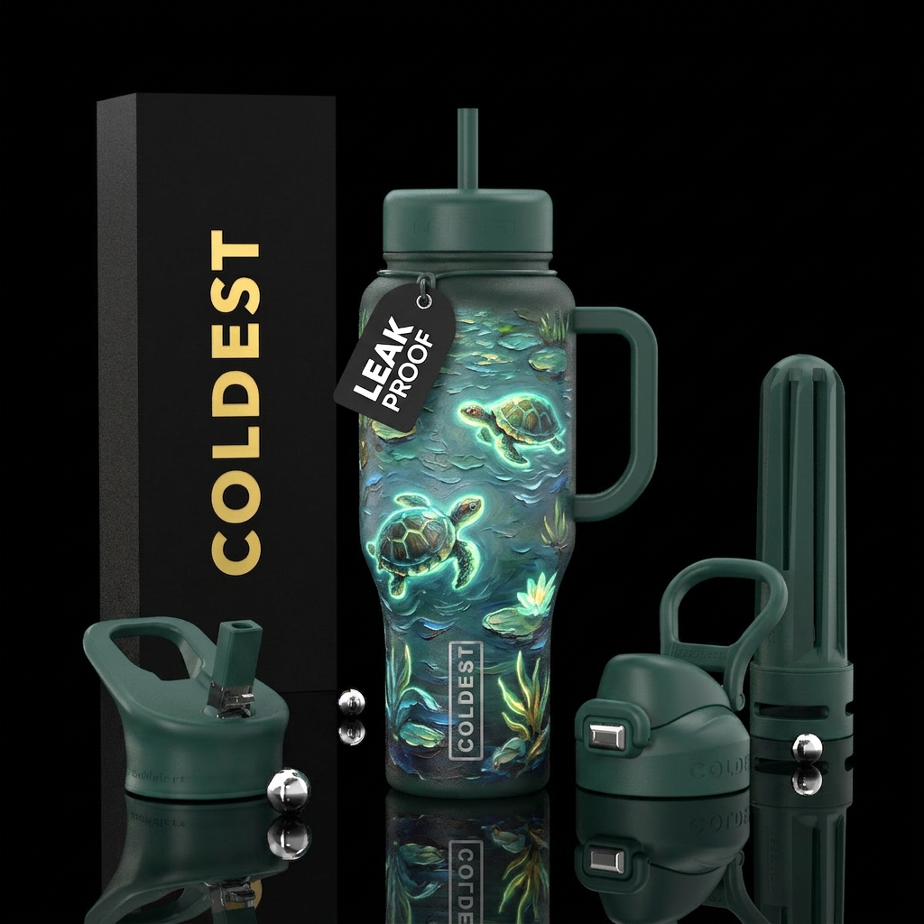 turtles, glowie, pond,, beautiul, oil painted water bottle design