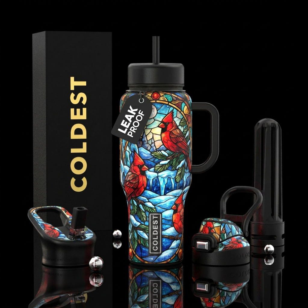 Cardinals,  winter wonderland,  stain glass,  beau... water bottle design