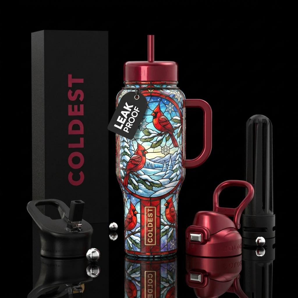 Cardinals,  winter wonderland,  stain glass,  beau... water bottle design