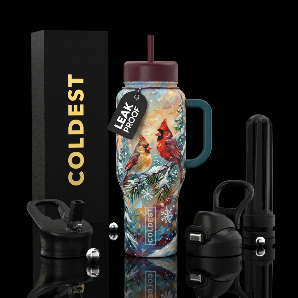 Male and female Cardinals,  winter wonderland,  be... water bottle design