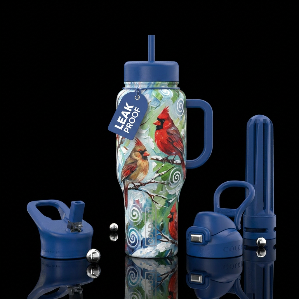 Male and female Cardinals,  winter wonderland,  be... water bottle design