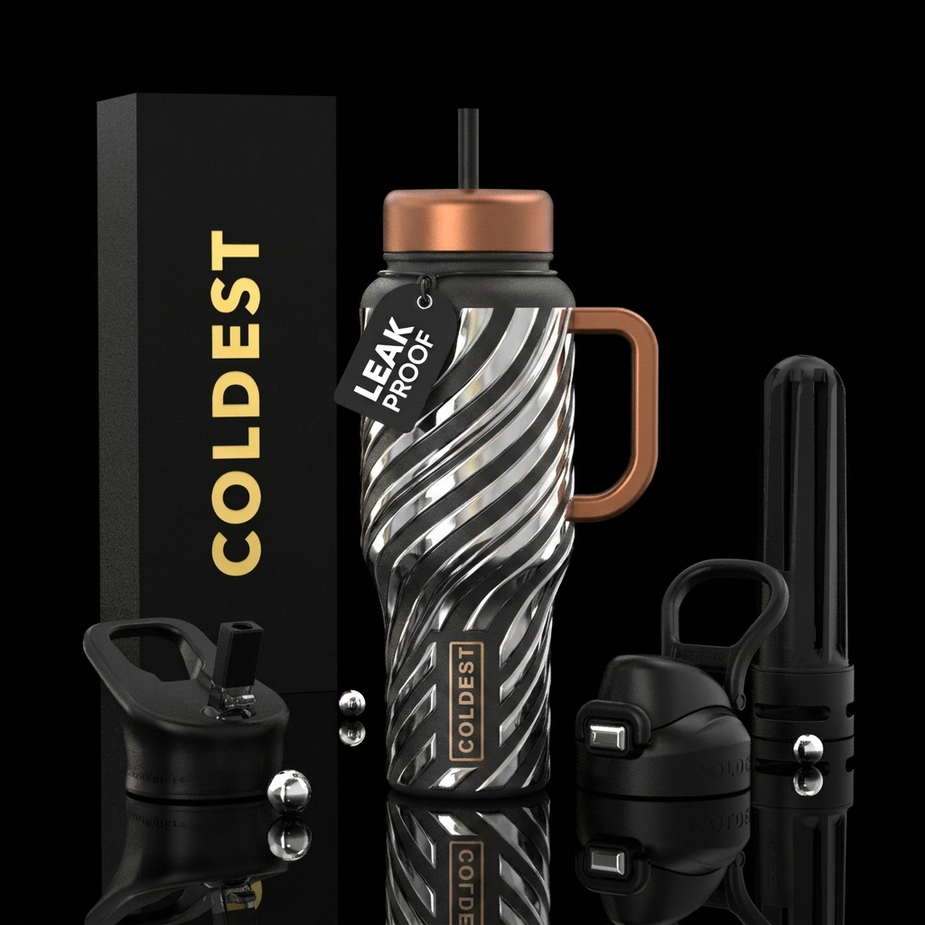 charcoal, matte, spirals,  chrome,  Cooper water bottle design