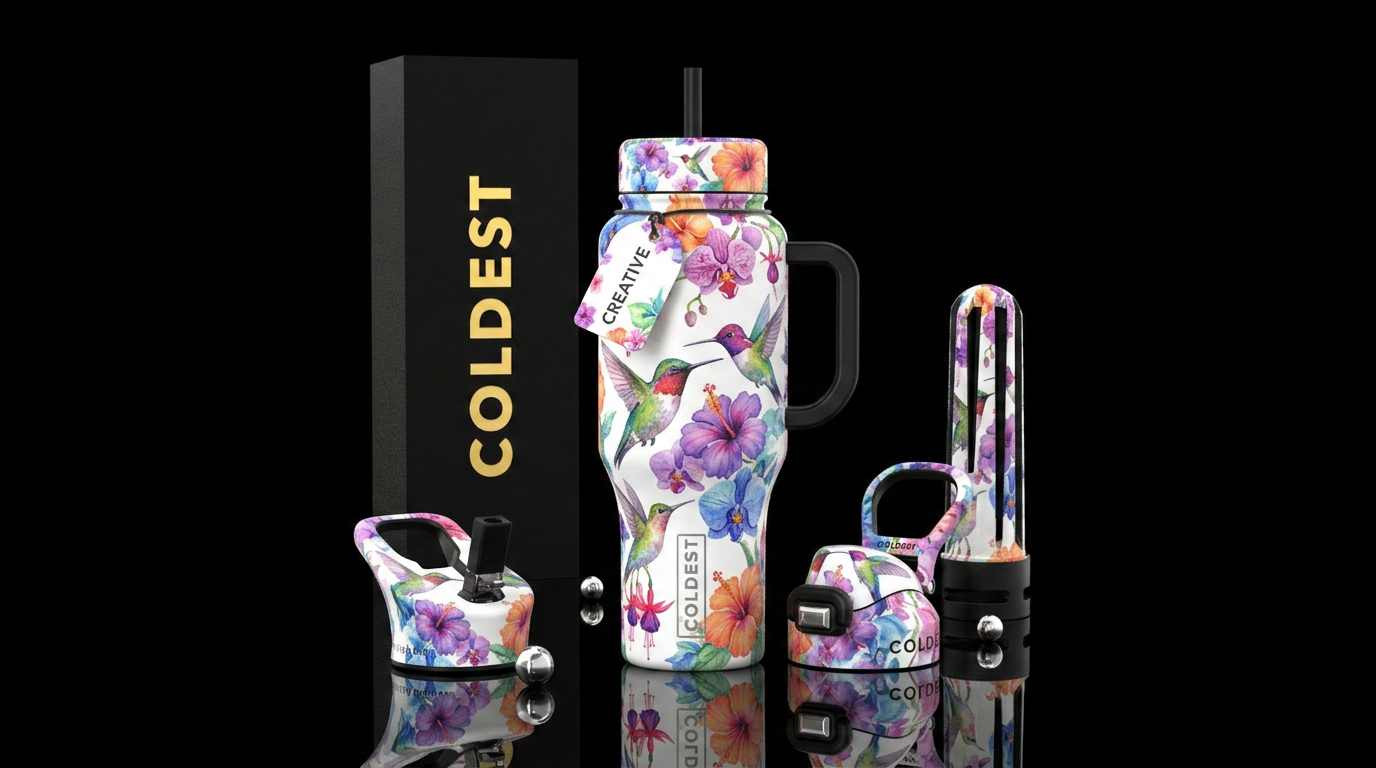 hummingbird,, vibrant, flowers,, beautiul, waterco... water bottle design