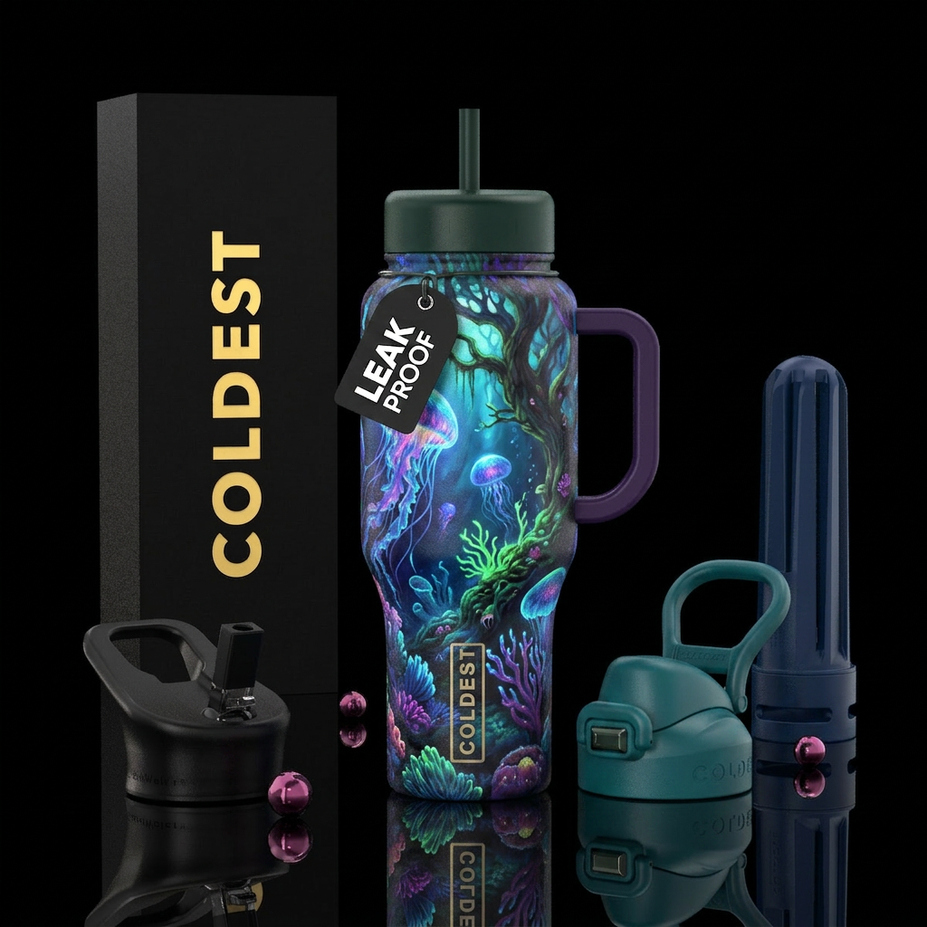 oil painted, beautiul, bioluminescent, fantasy water bottle design