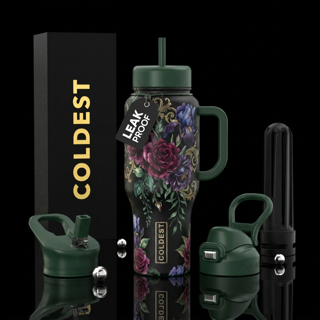 gothic, fantasy, beautiul, watercolor,   flowers water bottle design