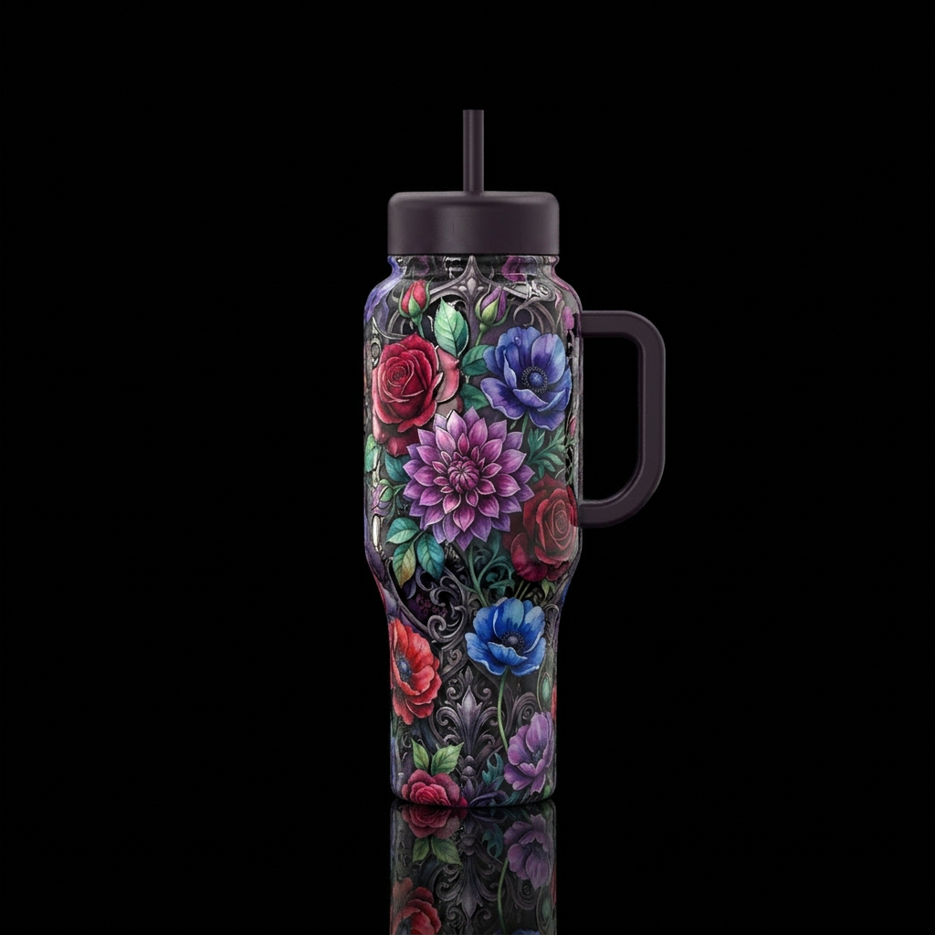 gothic, fantasy, beautiul, watercolor,   flowers water bottle design