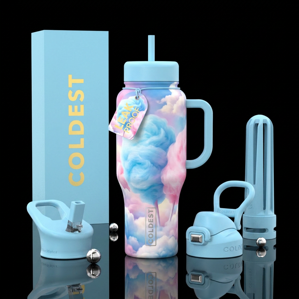 Cotton candy,  blue, swirls, clouds water bottle design