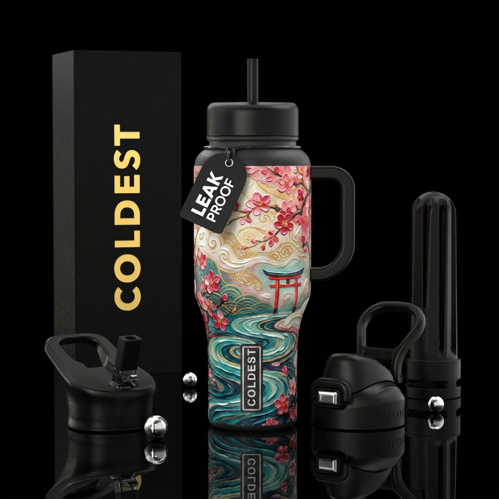 enchanted, japanese, oil painted water bottle design