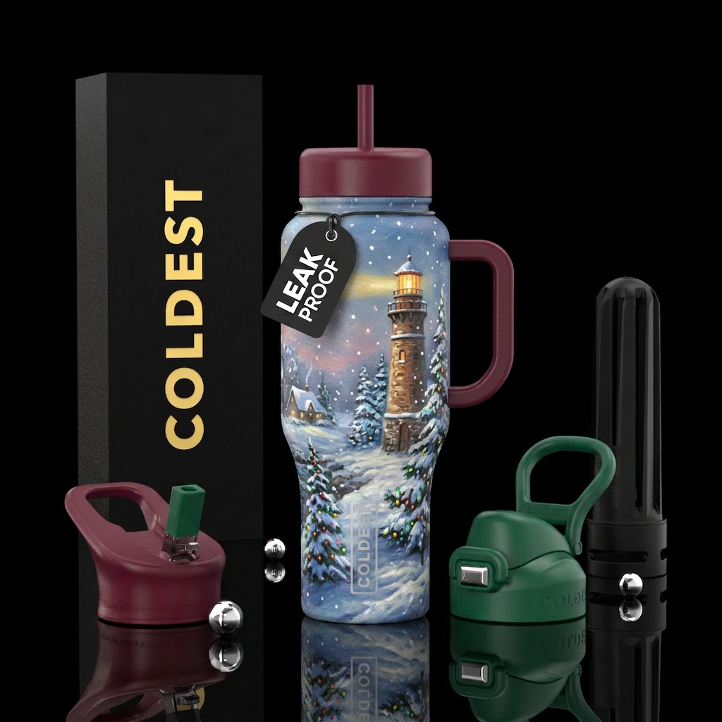 beautiul, tranquil, lighthouse,  snowy,  Christmas... water bottle design