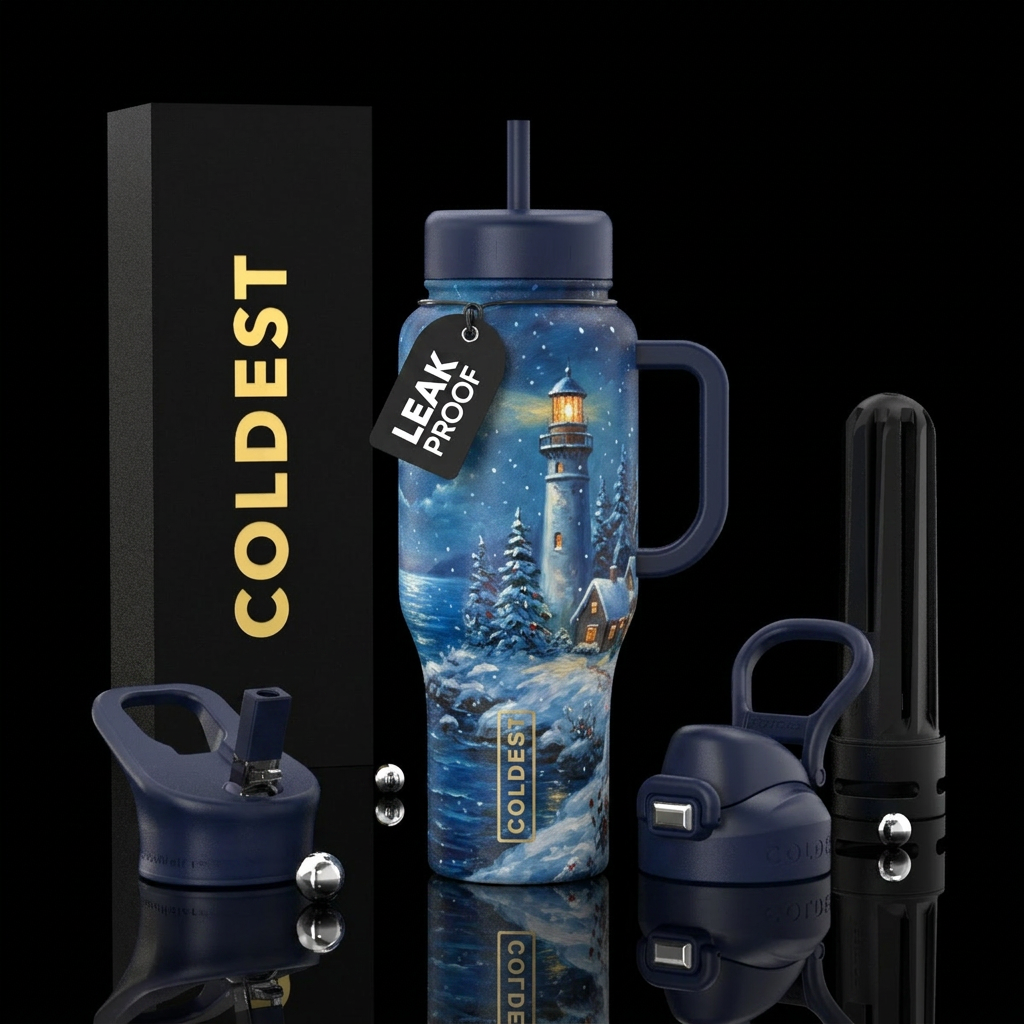 beautiul, tranquil, lighthouse,  snowy,  Christmas... water bottle design