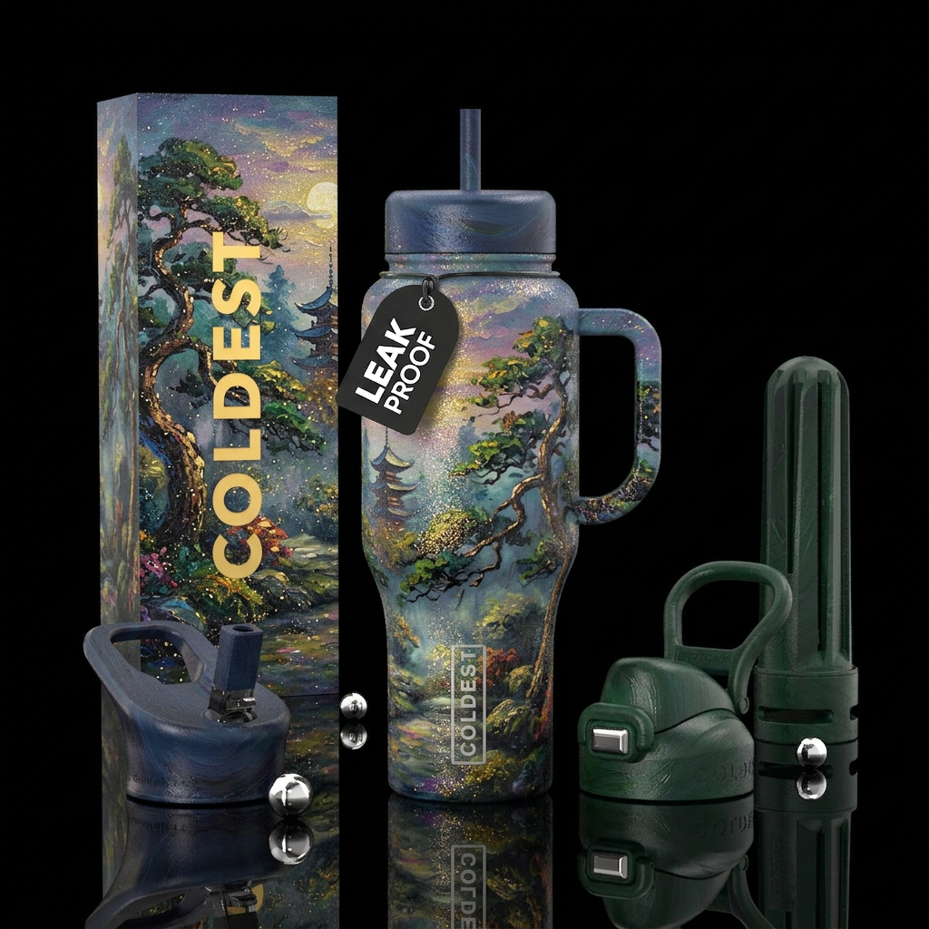 , beautiul,, japanese, mysterious, sparkly, oil pa... water bottle design