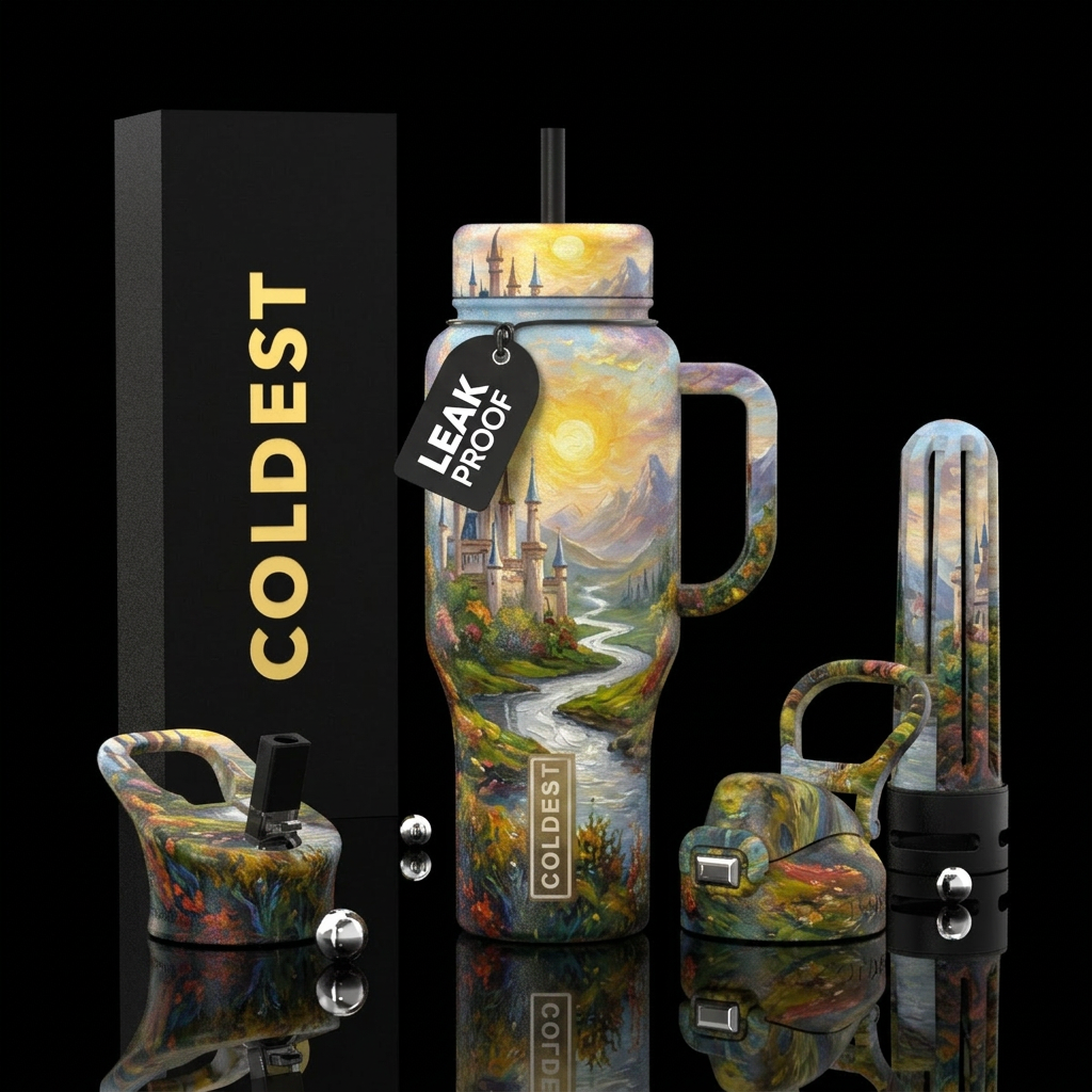 european, oil painted, fantasy, beautiul water bottle design