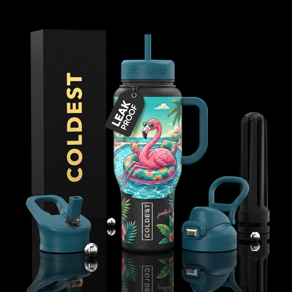Flamingo lounging by a pool,  beautiul   , summer ... water bottle design