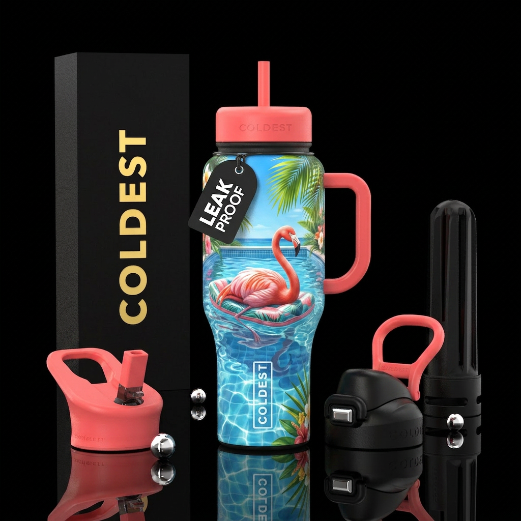 Flamingo lounging by a pool,  beautiul   , summer ... water bottle design