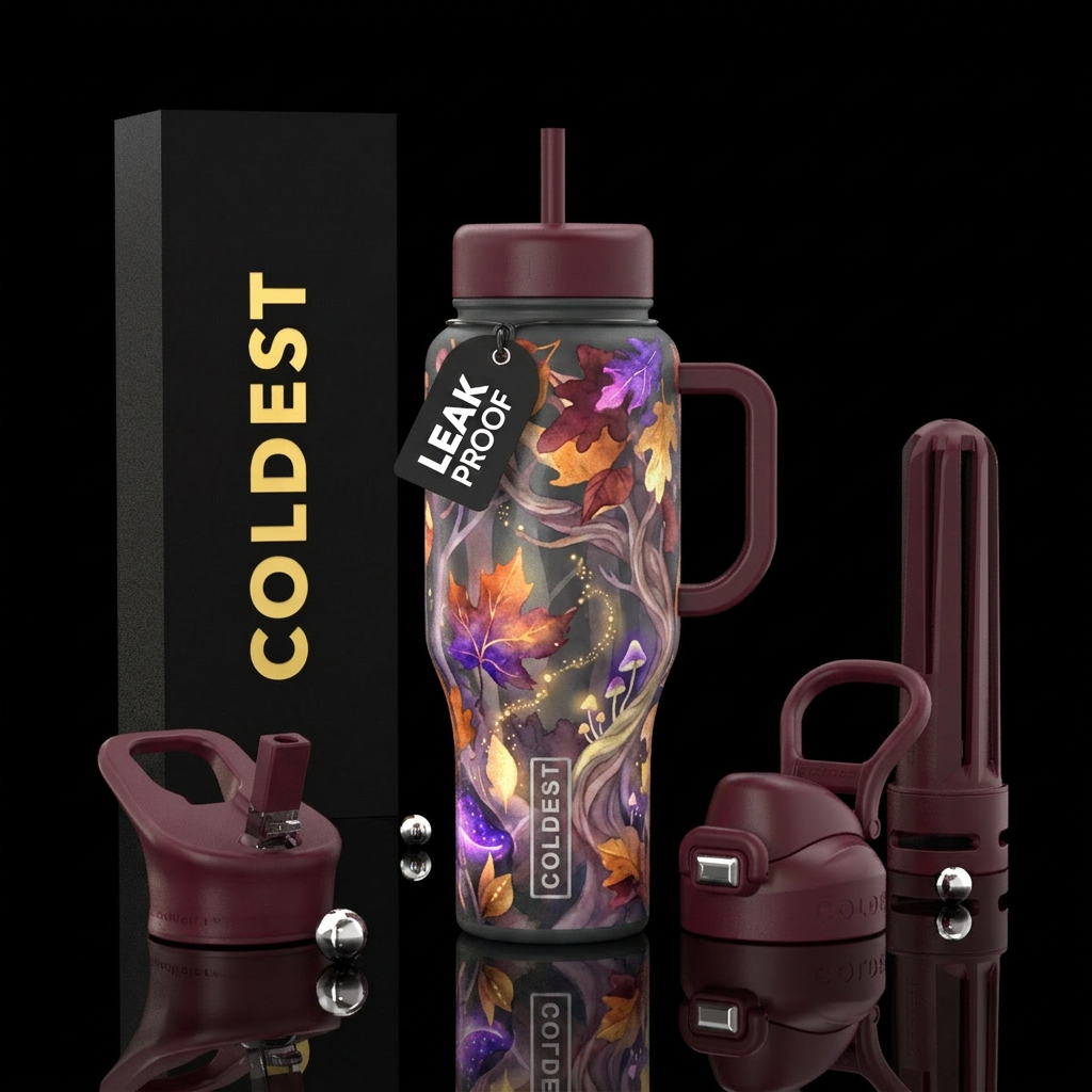 Fall vibe,  magic,  enchanted,  cozy,, watercolor water bottle design