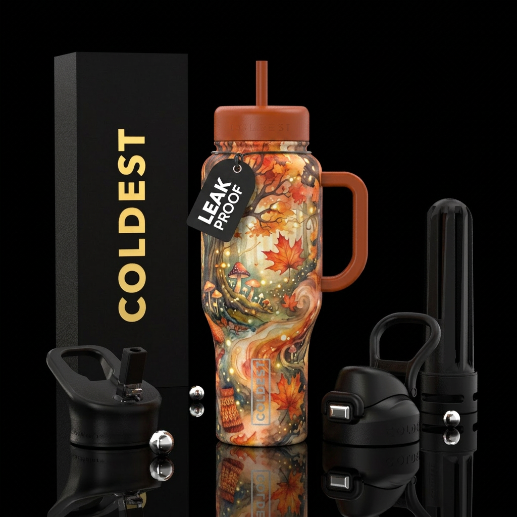 Fall vibe,  magic,  enchanted,  cozy,, watercolor water bottle design