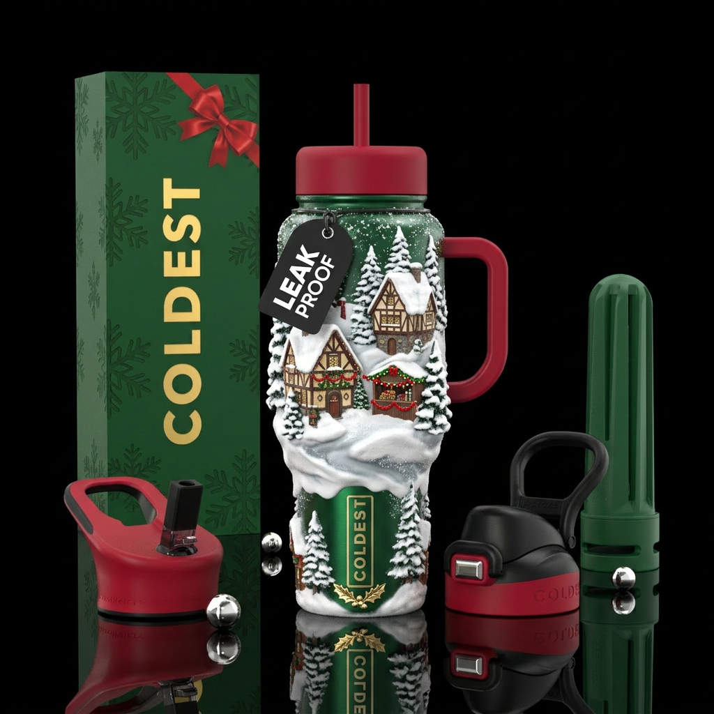 sculpted, painting, realism, winter wonderland,  s... water bottle design
