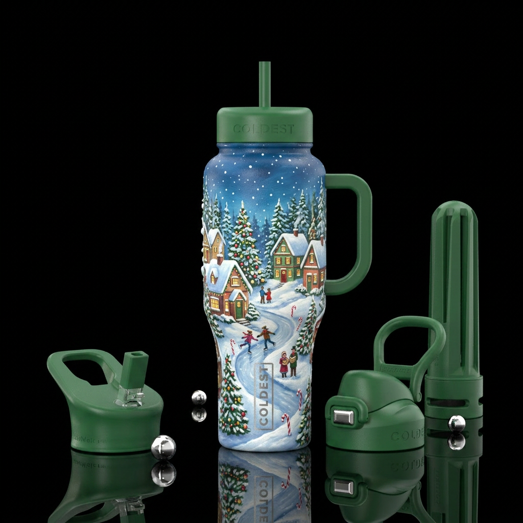 sculpted, painting, realism, winter wonderland,  s... water bottle design