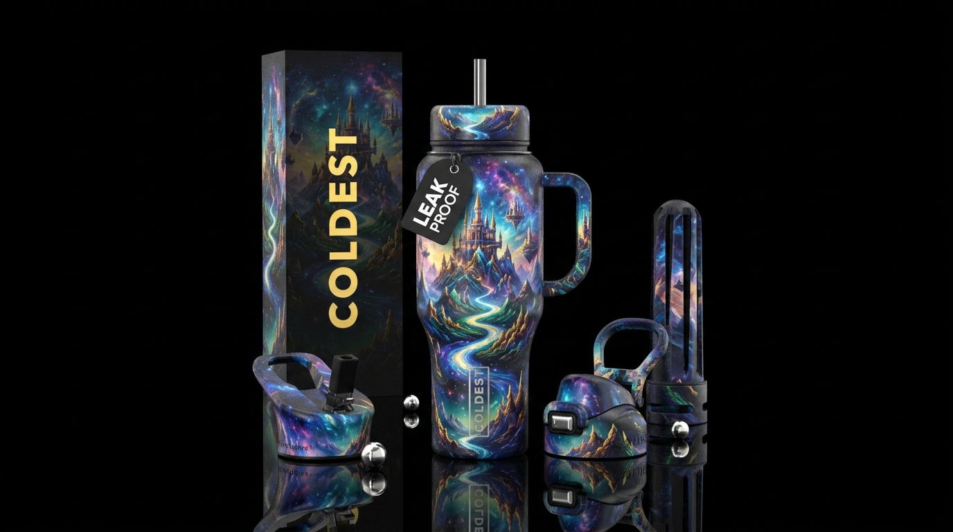 abstract, mountains, sky kingdom, fantasy water bottle design