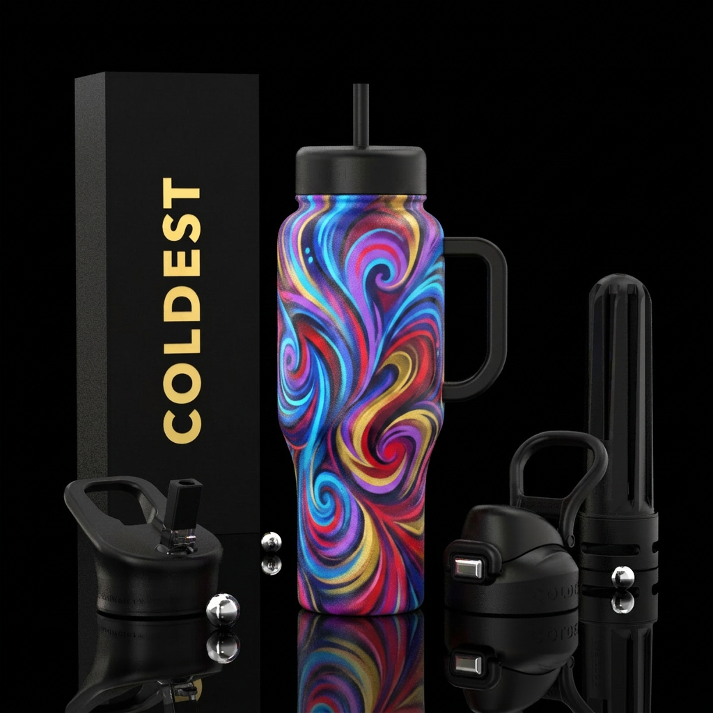 spray painted, abstract, swirls,  multiple colors,... water bottle design