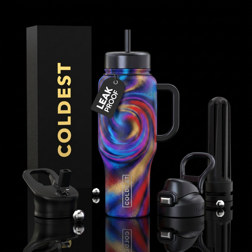 spray painted, abstract, swirls,  multiple colors,... water bottle design