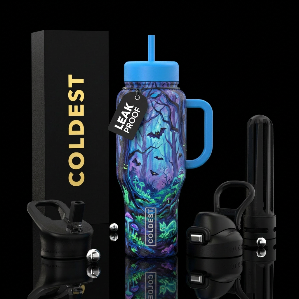 oil painted,  Halloween,  forest,  glowie,  bats ,... water bottle design