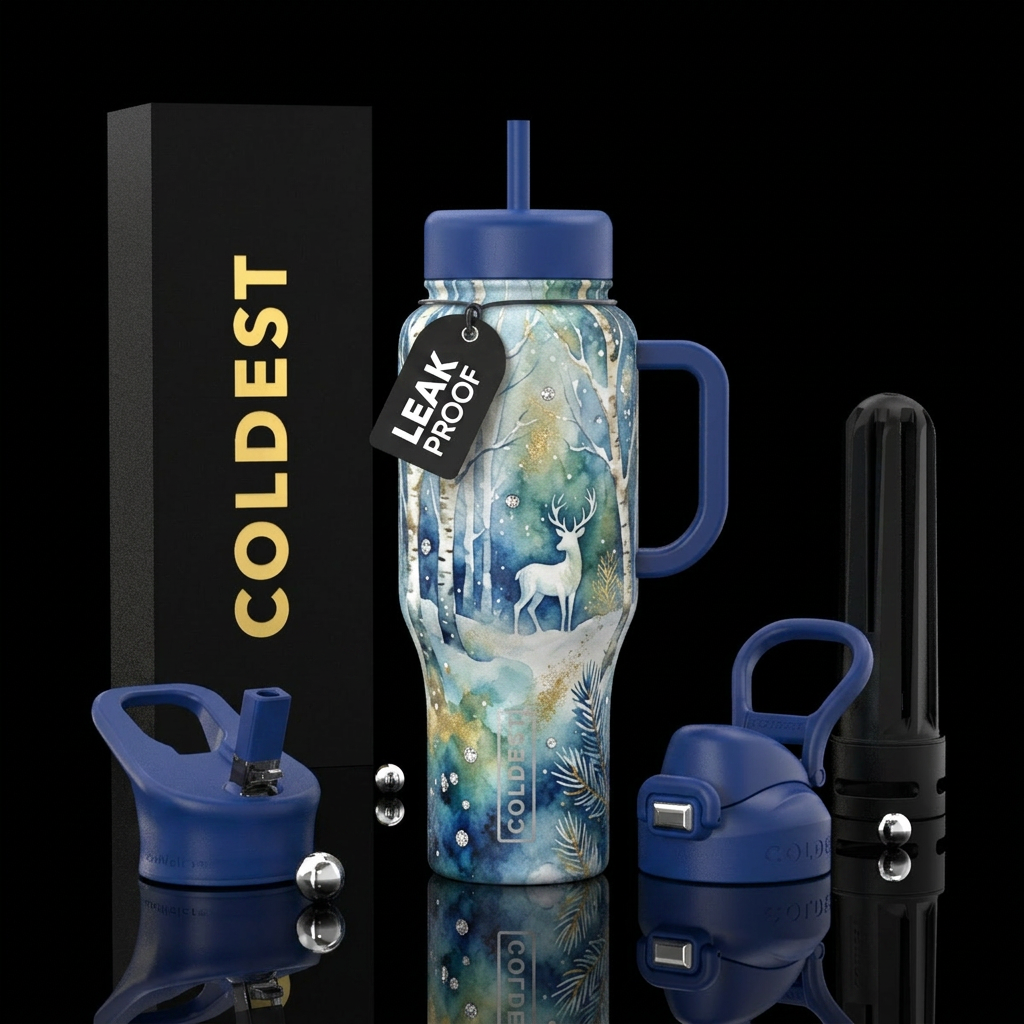 watercolor,  snowy,  winter wonderland,  white dee... water bottle design