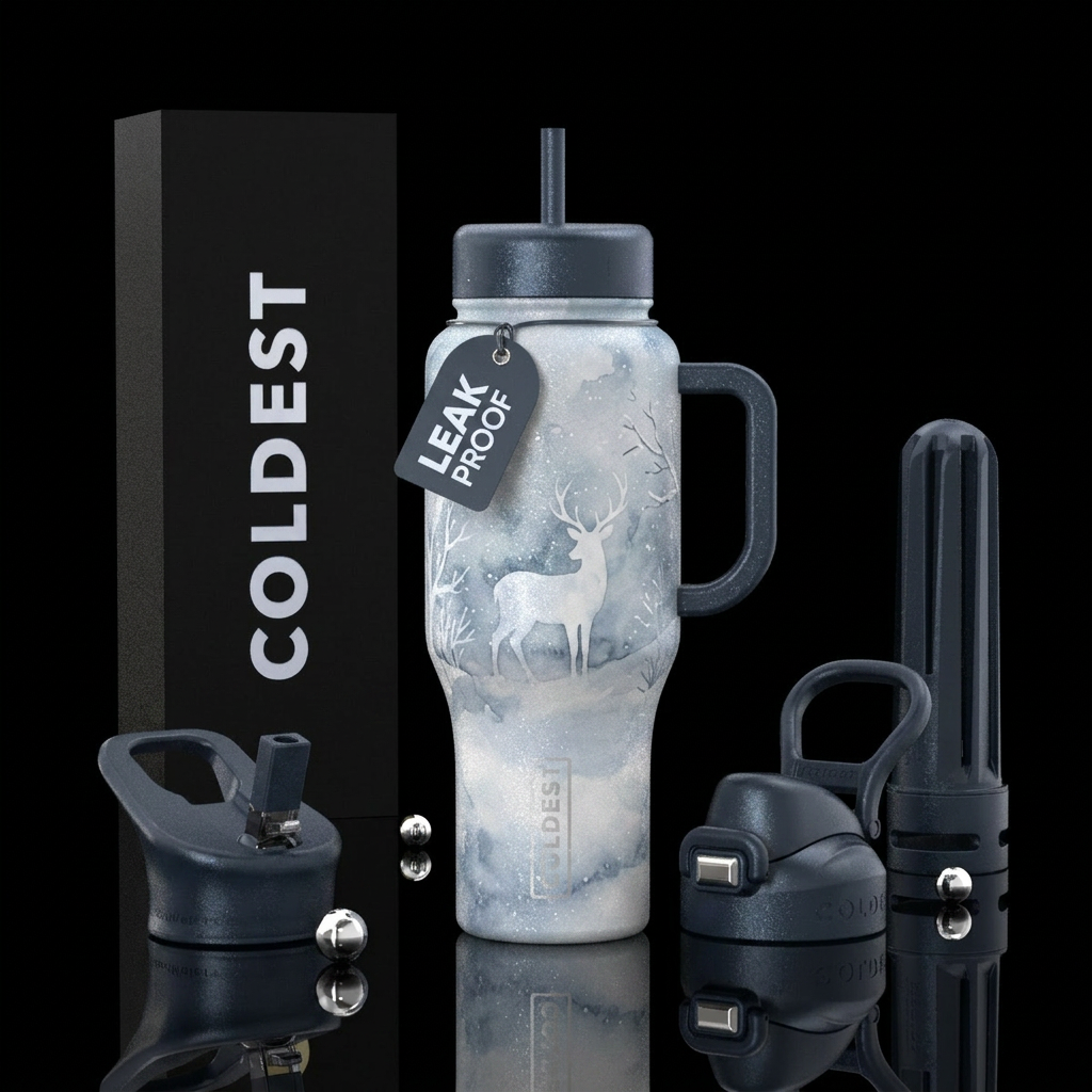 watercolor,  snowy,  winter wonderland,  white dee... water bottle design