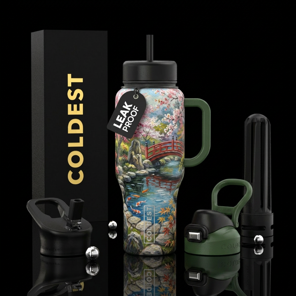 beautiul, realism, Japanese garden, peaceful,, oil... water bottle design